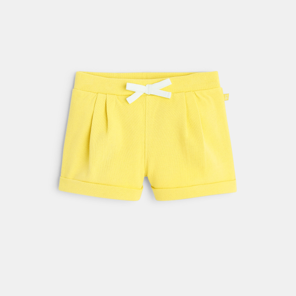 شورت بخصر مطوي من الصوف الناعم باللون الأصفر للفتيات الصغيرات